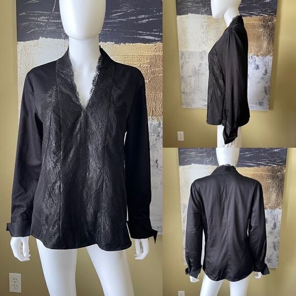 Antonio Milani Black Lace Front V-Neck Blouse - Picture 1 of 9